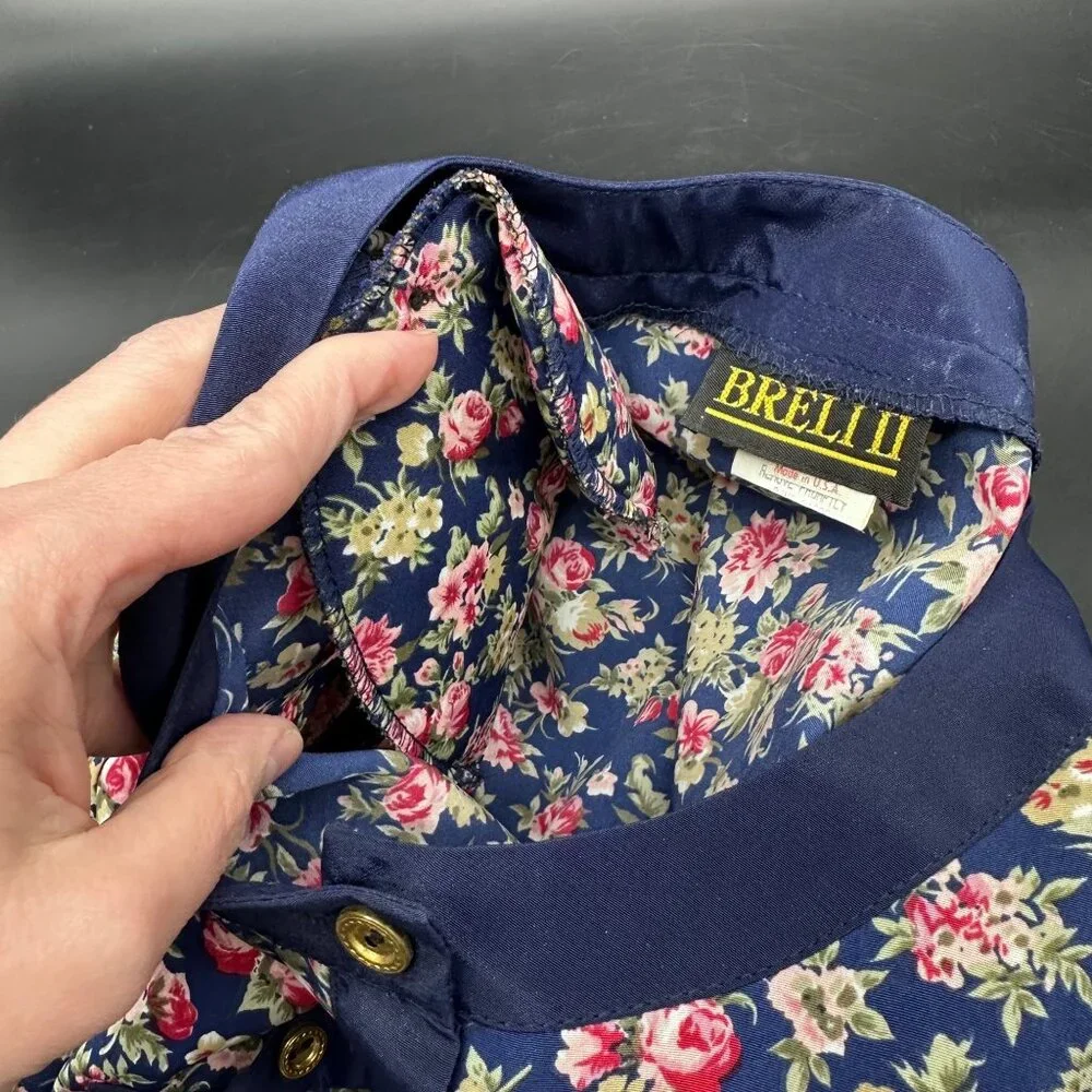 Vintage Floral Pleated Dress Navy Blue Pink Rose 80s Union Made USA Button Front - Picture 8 of 9